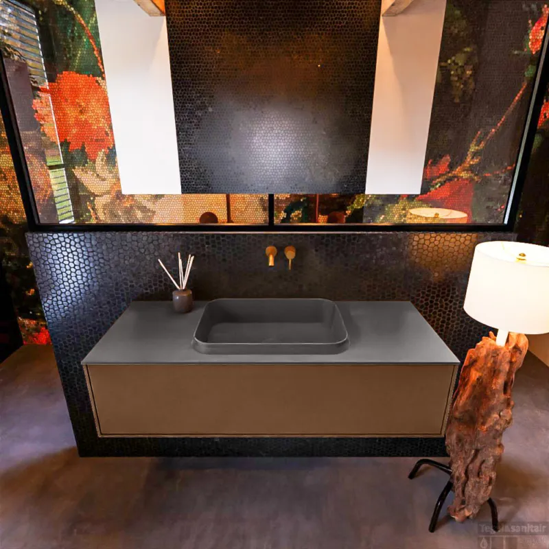 Speciale Aanbieding Badkamermeubelset Mondiaz Erin 120 cm met 1 Lade met RIDGE Wastafel Midden Dark grey Zonder Kraangaten Greeploos Mat Rust