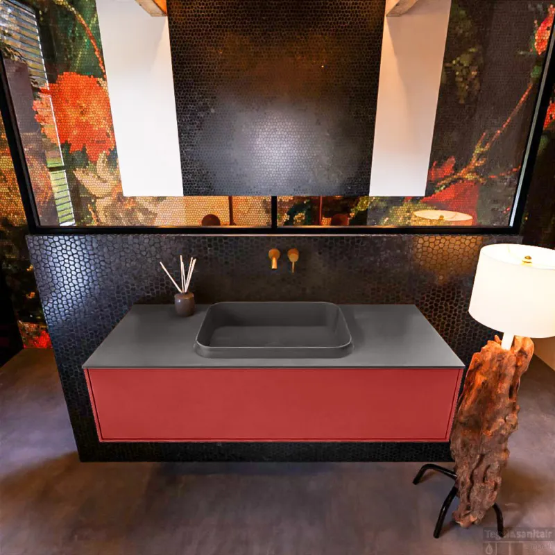 Badkamermeubelset Mondiaz Erin 120 cm met 1 Lade met RIDGE Wastafel Midden Dark grey Zonder Kraangaten Greeploos Mat Fire Gratis Retour