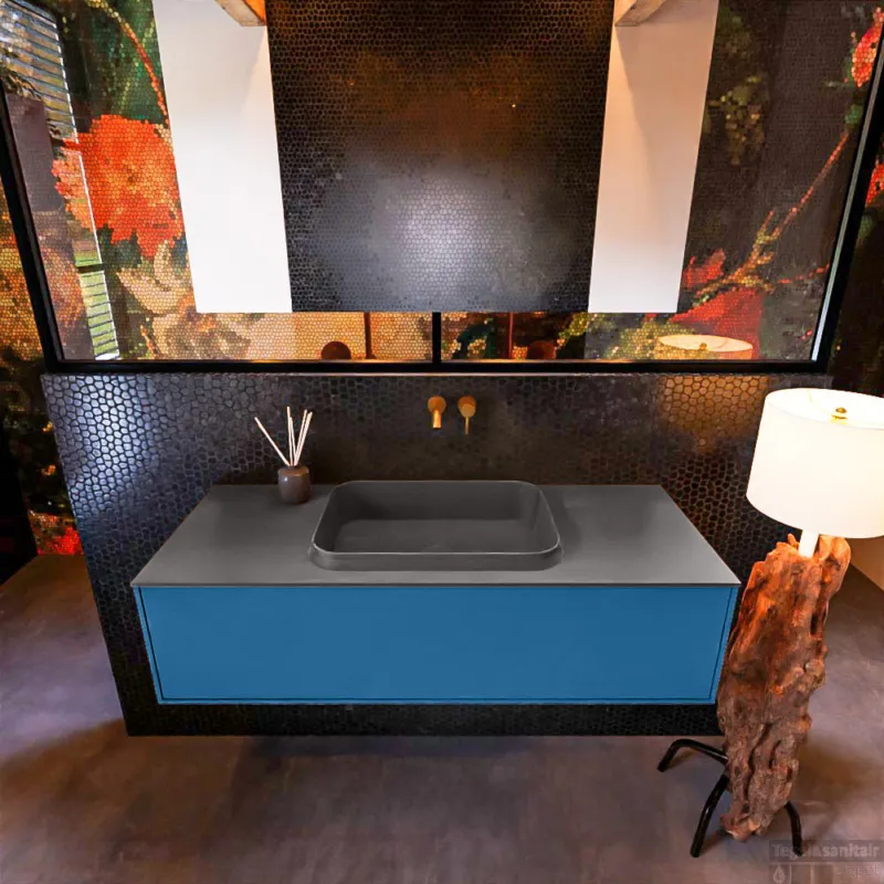 Tijdelijk Beschikbaar Badkamermeubelset Mondiaz Erin 120 cm met 1 Lade met RIDGE Wastafel Midden Dark grey Zonder Kraangaten Greeploos Mat Jeans