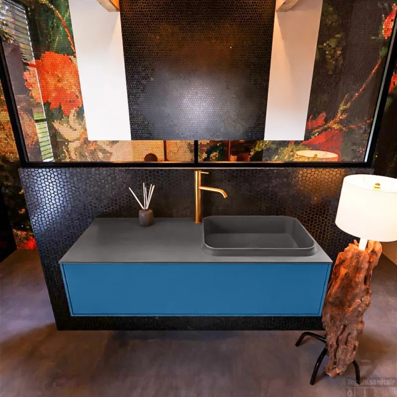 Badkamermeubelset Mondiaz Erin 120 cm met 1 Lade met RIDGE Wastafel Rechts Dark grey met 1 kraangat Greeploos Mat Jeans Gereduceerde Prijs