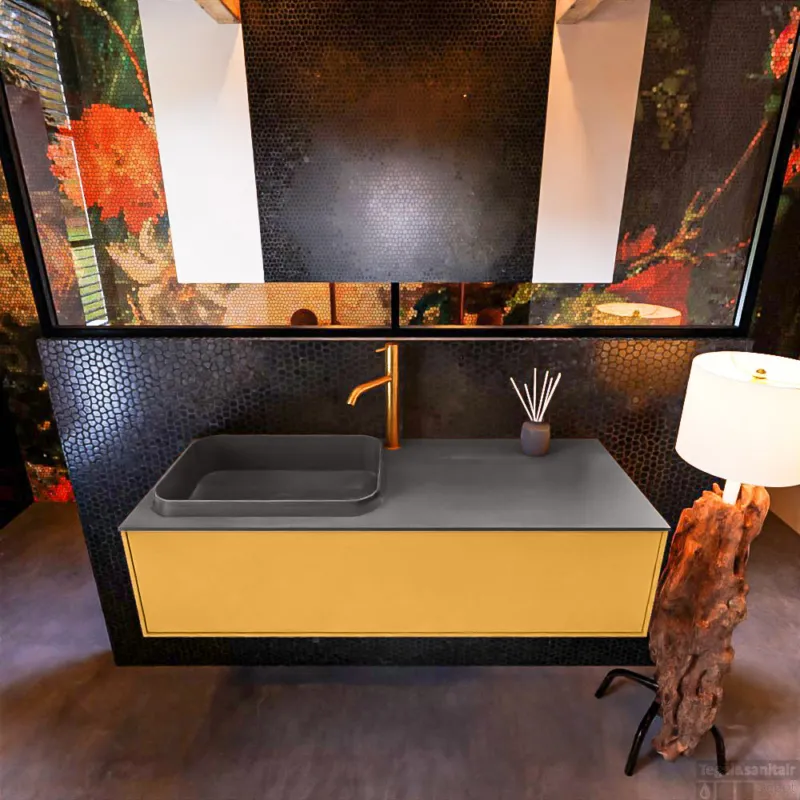 Badkamermeubelset Mondiaz Erin 120 cm met 1 Lade met RIDGE Wastafel Links Dark grey met 1 kraangat Greeploos Mat Ocher Uitverkoop