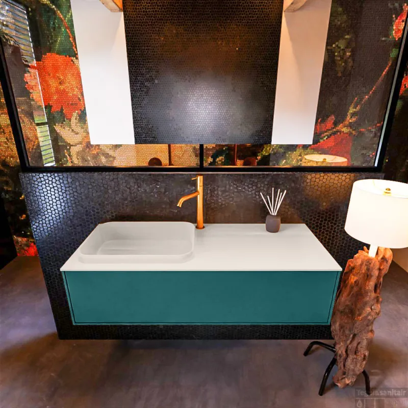 Finale Uitverkoop Badkamermeubelset Mondiaz Erin 120 cm met 1 Lade met RIDGE Wastafel Links Linen met 1 kraangat Greeploos Mat Smag