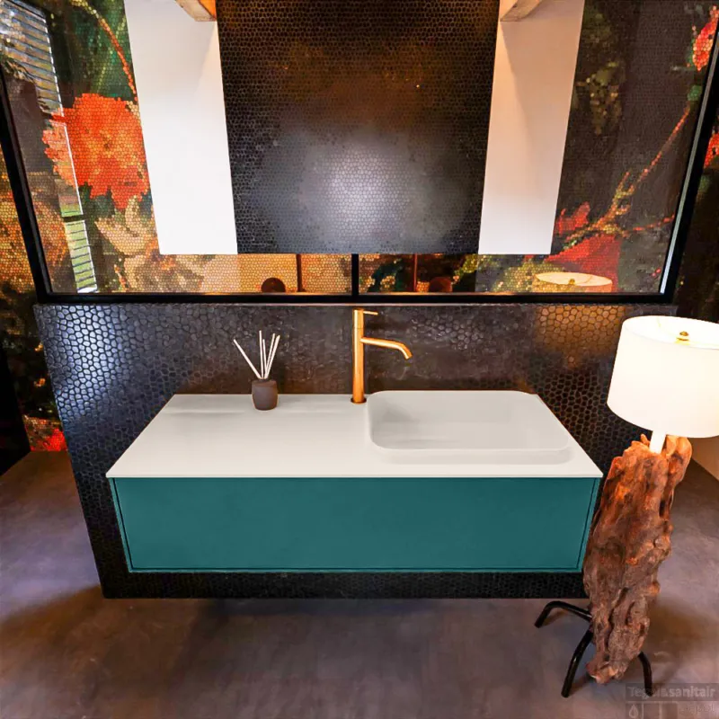 Must-Have Badkamermeubelset Mondiaz Erin 120 cm met 1 Lade met RIDGE Wastafel Rechts Linen met 1 kraangat Greeploos Mat Smag