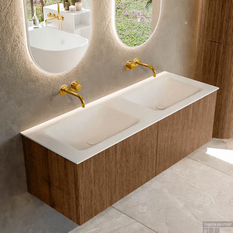 Actieprijs Mondiaz KURVE 130 cm Onderkast Greeploos 2 Lades Zonder Deuren Walnut, Wastafel Solid Surface Dubbel Talc 0 Kraangaten Zonder Spiegel (KRVCLO1302L0D0KD-Wal/Tal)