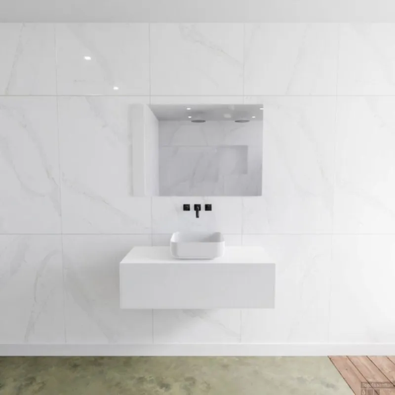 Badkamermeubelset Mondiaz LAGOM 100 cm met Topblad Gecentreerde Wastafel Solid Surface Opzetkom Binx Zonder Kraangaten Mat Wit (1 lade) Gereduceerde Prijs