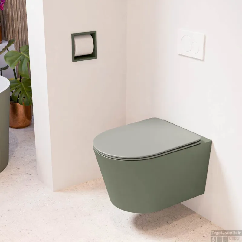 Lage Prijs MONDIAZ LAVIE hangend toilet single fire rimless diepspoel Army, Toiletzitting met quick-release & softclose Smoke