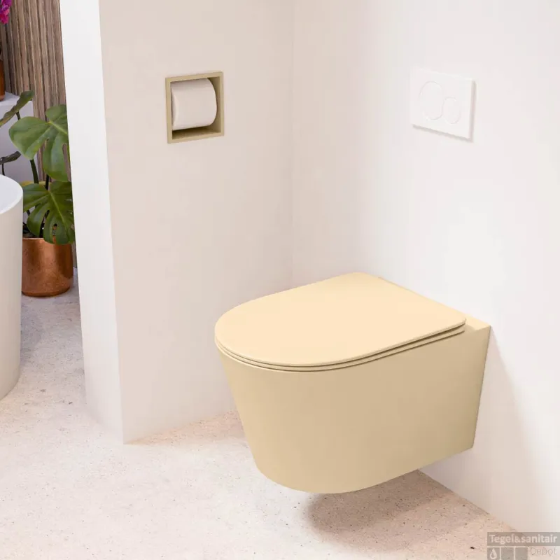 Dagaanbieding MONDIAZ LAVIE hangend toilet single fire rimless diepspoel Sand, Toiletzitting met quick-release & softclose Sand