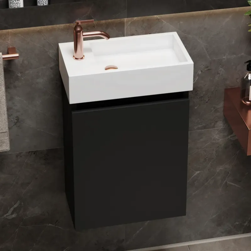 Fontana Alaska toiletmeubel mat zwart 40x22cm met solid surface fontein links Speciale Aanbieding