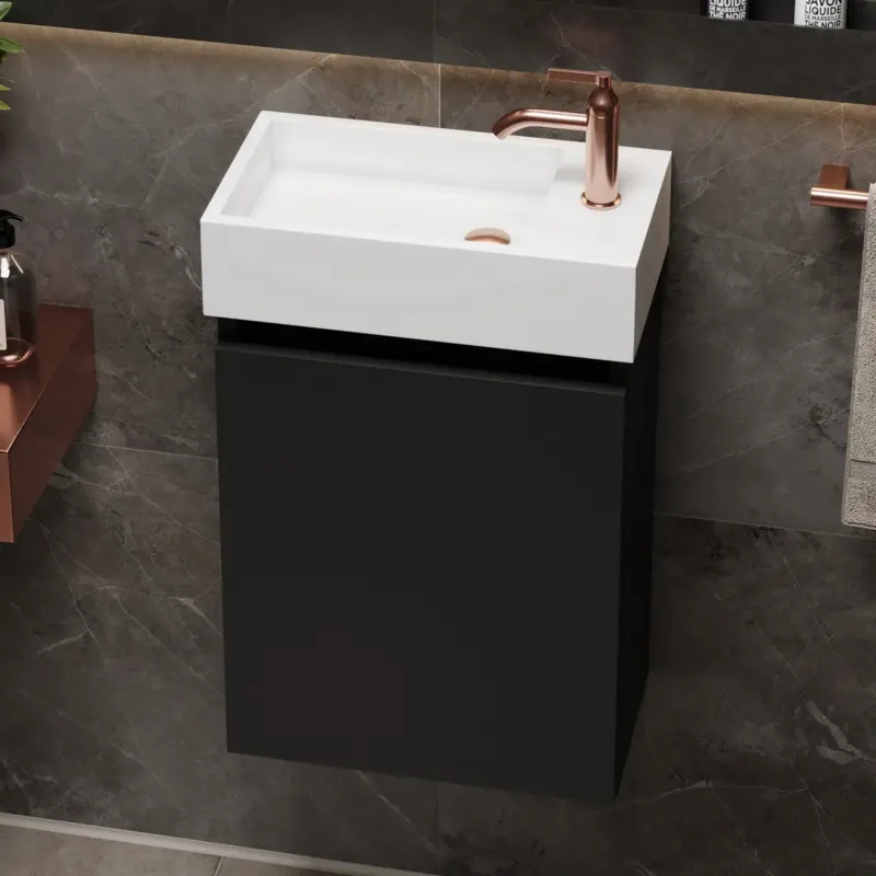 Express Levering Fontana Alaska toiletmeubel mat zwart 40x22cm met solid surface fontein rechts