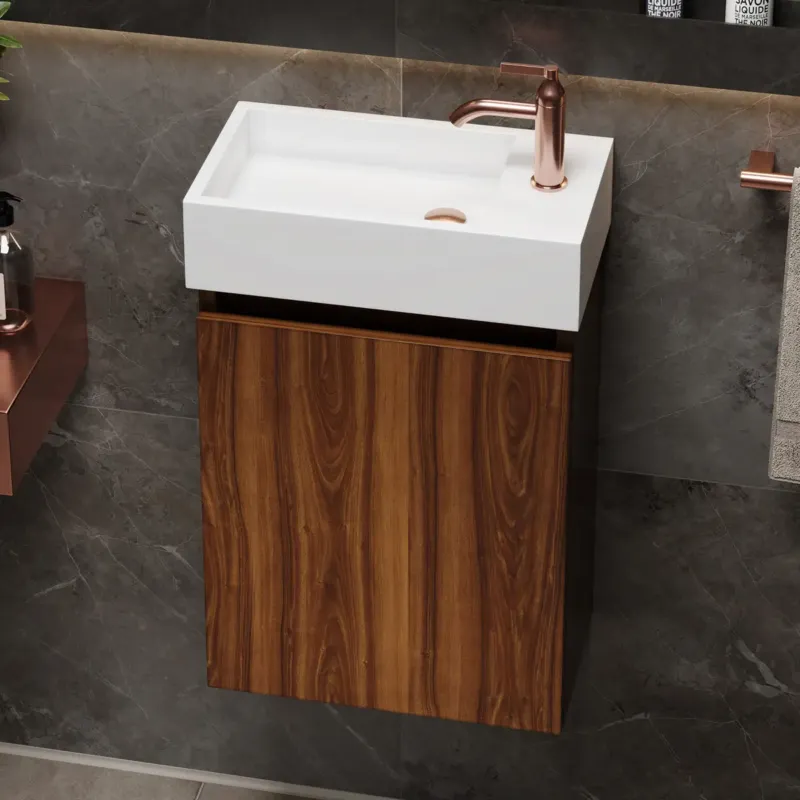 Finale Uitverkoop Fontana Alaska toiletmeubel walnoot 40x22cm met solid surface fontein rechts