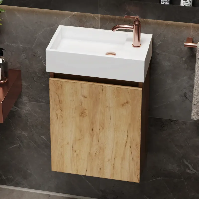 Gratis Retour Fontana Alaska toiletmeubel warm eiken 40x22cm met solid surface fontein rechts