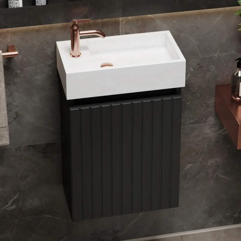 Fontana Alaska toiletmeubel ribbelfront mat zwart 40x22cm met solid surface fontein links Gecertificeerd