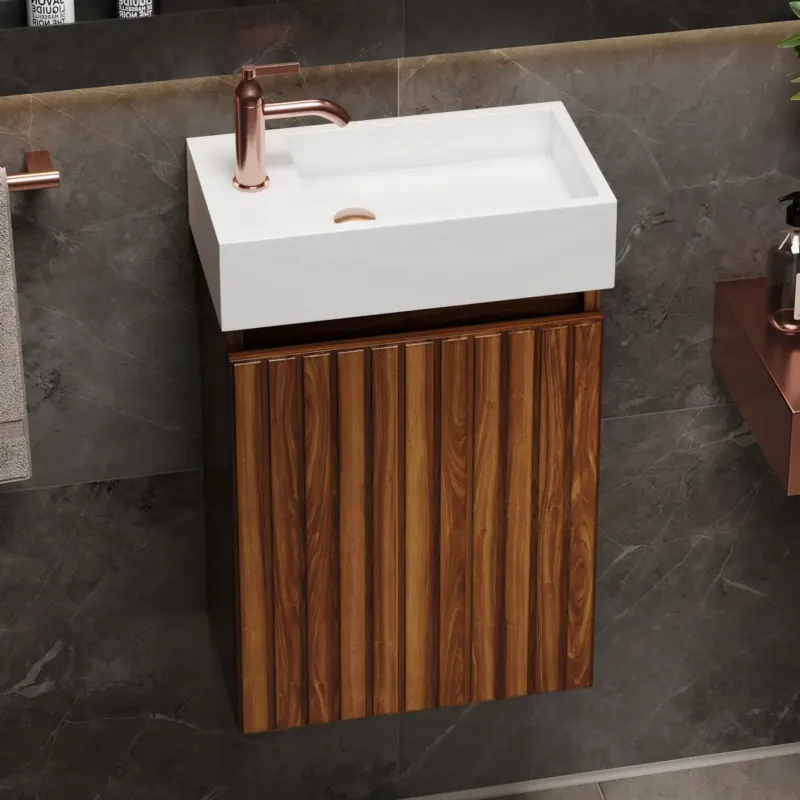 Fontana Alaska toiletmeubel ribbelfront walnoot 40x22cm met solid surface fontein links Exclusieve Aanbieding