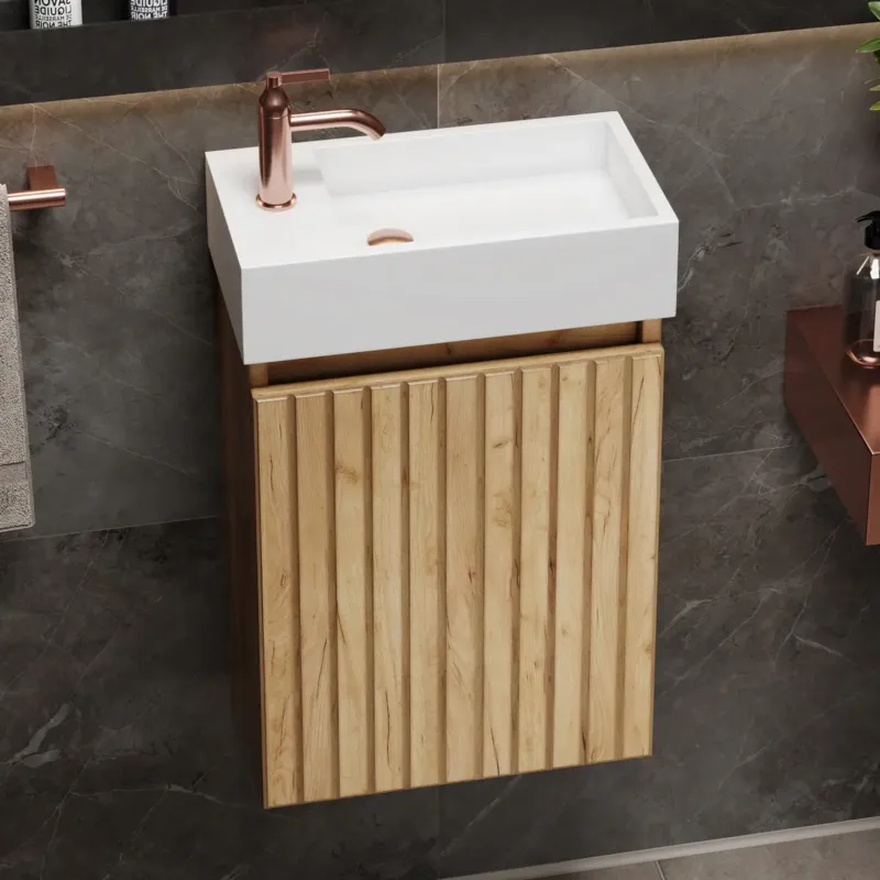 Fontana Alaska toiletmeubel ribbelfront warm eiken 40x22cm met solid surface fontein links Nieuw