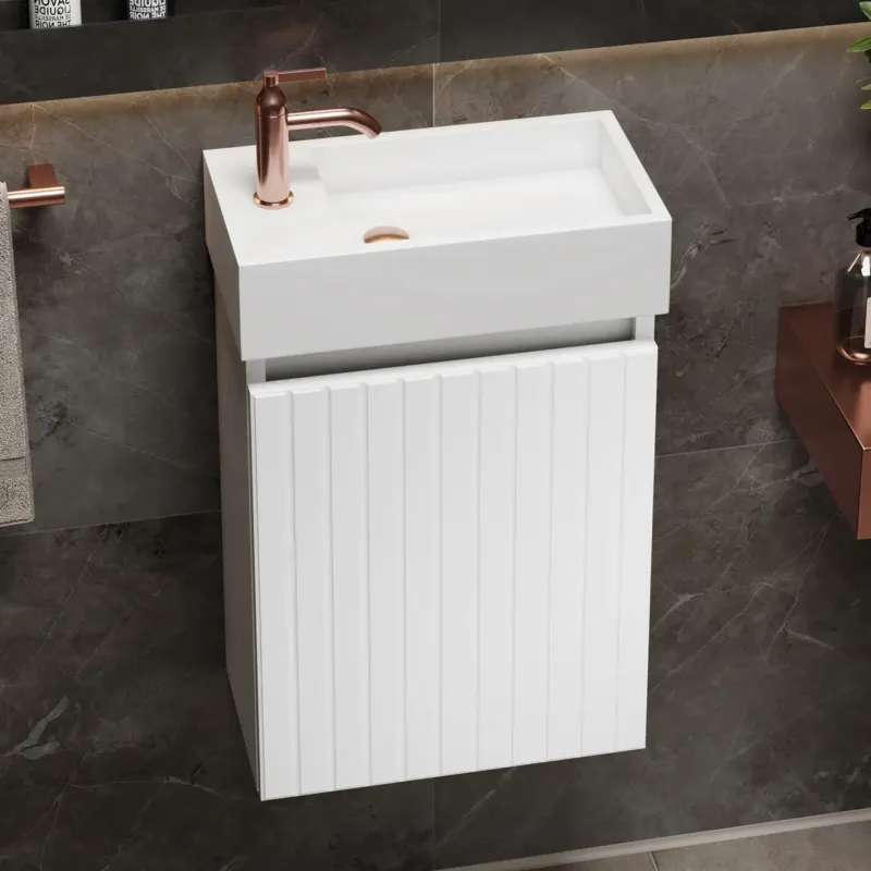 Flitsaanbieding Fontana Alaska toiletmeubel ribbelfront mat wit 40x22cm met solid surface fontein links