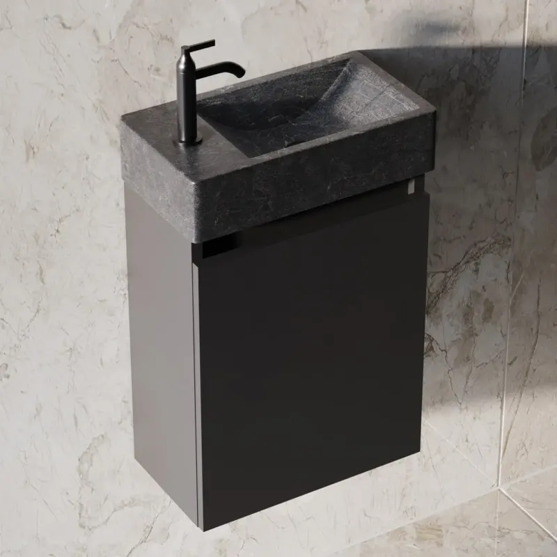 Fontana Recto toiletmeubel mat zwart 40x22cm met natuurstenen fontein links Direct Verzonden
