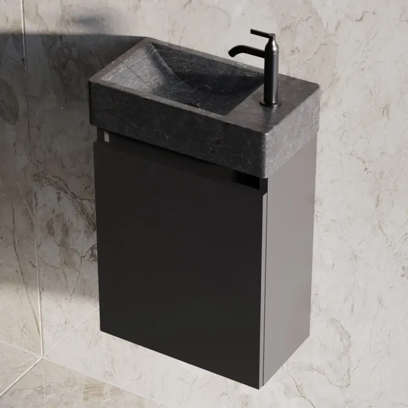Merkproduct Fontana Recto toiletmeubel mat zwart 40x22cm met natuurstenen fontein rechts