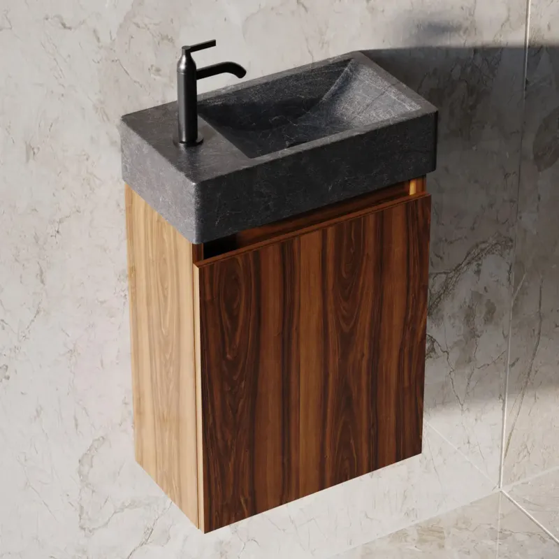 Fontana Recto toiletmeubel walnoot 40x22cm met natuurstenen fontein links Aanbieding