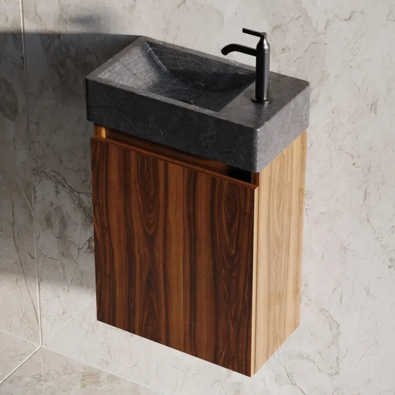 Fontana Recto toiletmeubel walnoot 40x22cm met natuurstenen fontein rechts Hete Deal