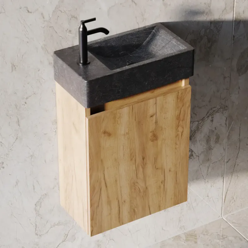 Fontana Recto toiletmeubel warm eiken 40x22cm met natuurstenen fontein links Laatste Versie