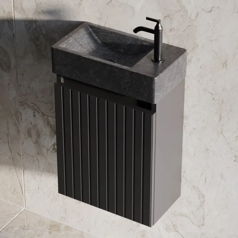 Fontana Recto toiletmeubel ribbelfront mat zwart 40x22cm met natuurstenen fontein rechts Beste Prijs