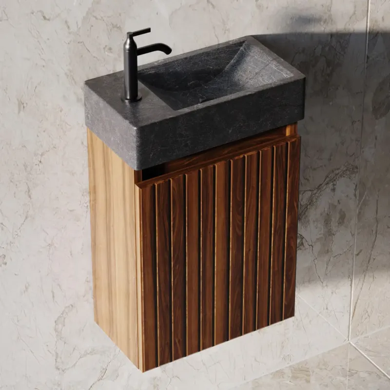 Fontana Recto toiletmeubel ribbelfront walnoot 40x22cm met natuurstenen fontein links Gecertificeerd
