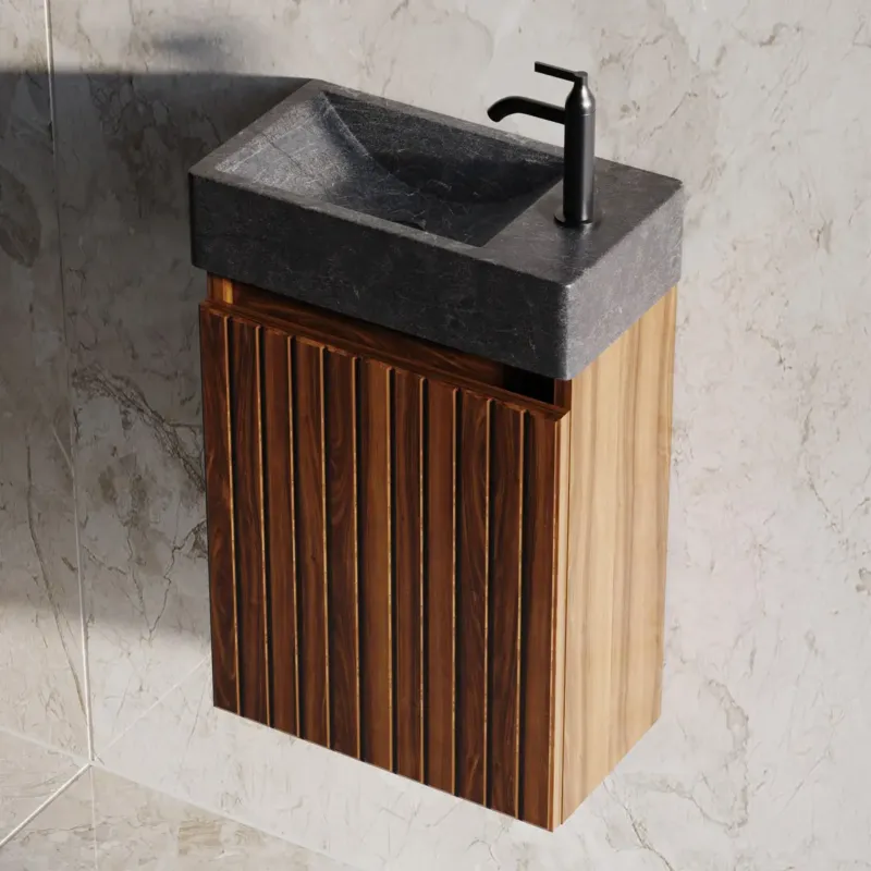 Beste Prijs Fontana Recto toiletmeubel ribbelfront walnoot 40x22cm met natuurstenen fontein rechts
