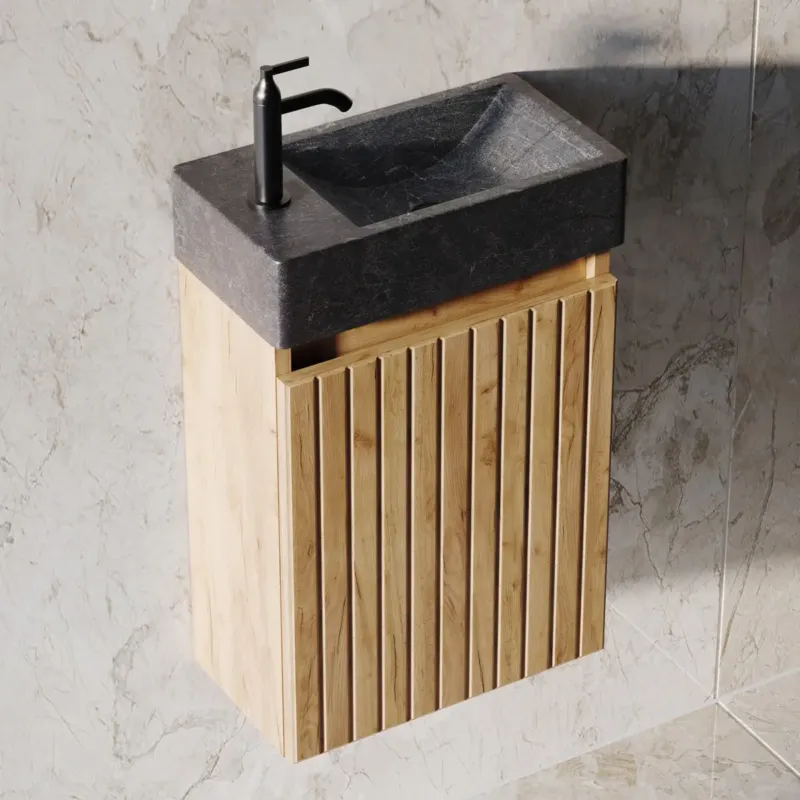 Fontana Recto toiletmeubel ribbelfront warm eiken 40x22cm met natuurstenen fontein links Nu Kopen