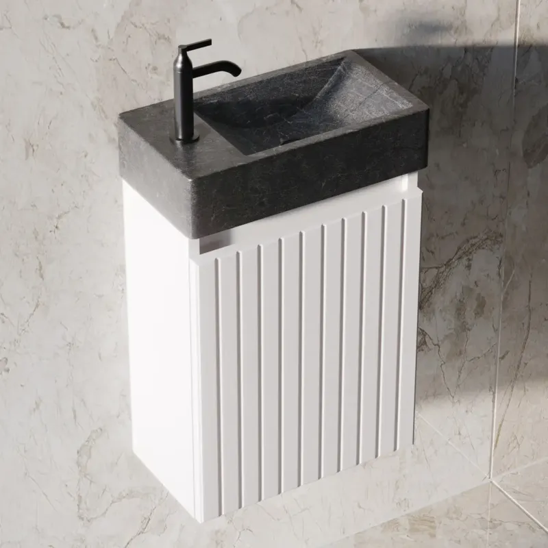 Fontana Recto toiletmeubel ribbelfront mat wit 40x22cm met natuurstenen fontein links Gecertificeerd