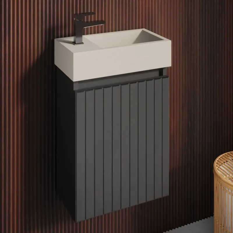Fontana Crest toiletmeubel ribbelfront mat zwart 40x22cm met beige fontein links Korting