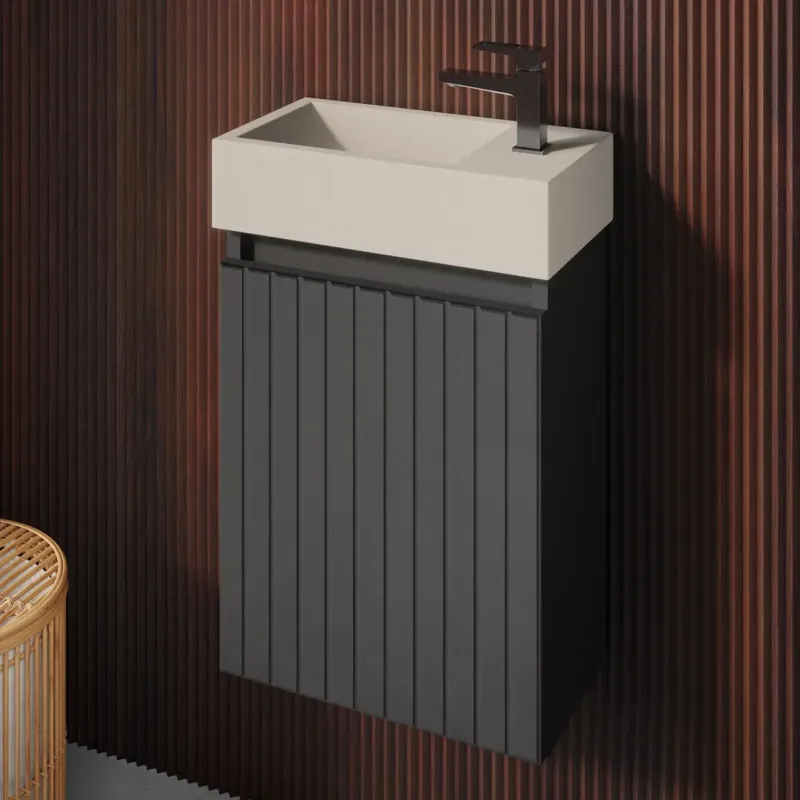 Fontana Crest toiletmeubel ribbelfront mat zwart 40x22cm met beige fontein rechts Fabrieksprijs