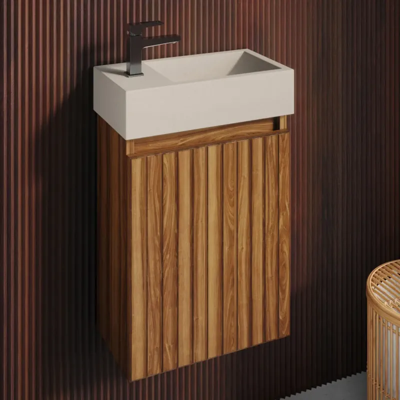 Op = Op Fontana Crest toiletmeubel ribbelfront walnoot 40x22cm met beige fontein links
