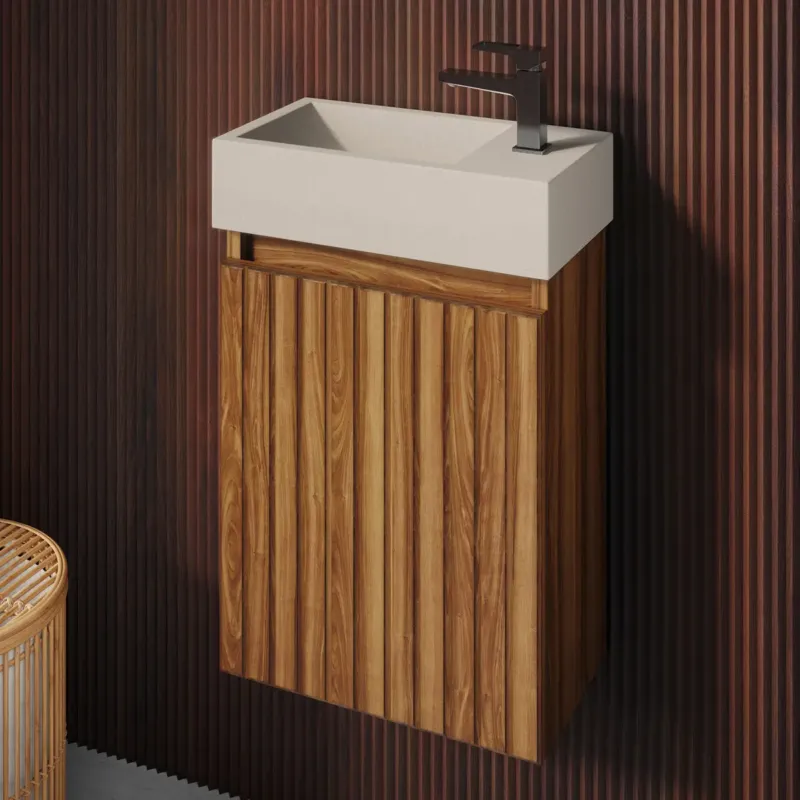 Fontana Crest toiletmeubel ribbelfront walnoot 40x22cm met beige fontein rechts Betaalbaar