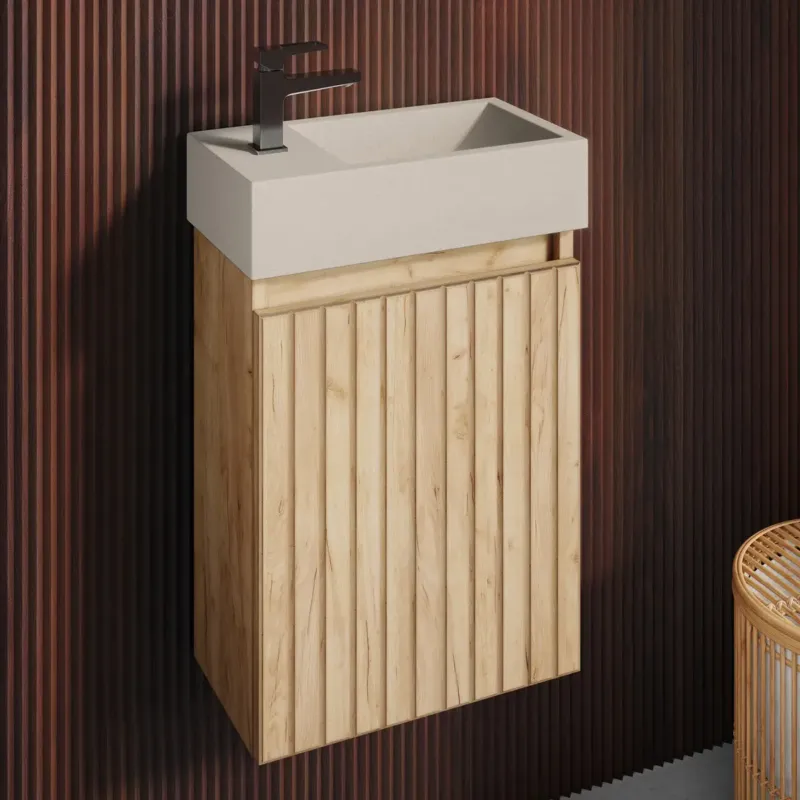 Fontana Crest toiletmeubel ribbelfront warm eiken 40x22cm met beige fontein links Meest Verkocht