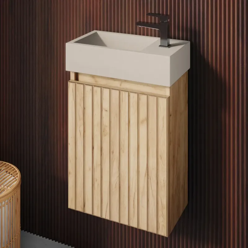 Fontana Crest toiletmeubel ribbelfront warm eiken 40x22cm met beige fontein rechts Meest Verkocht