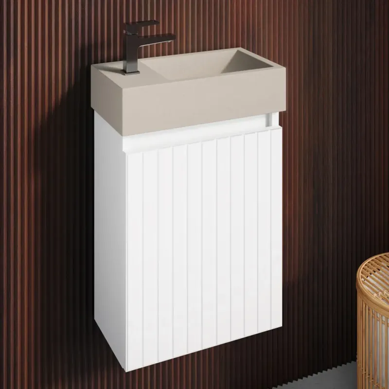 Fabrieksprijs Fontana Crest toiletmeubel ribbelfront mat wit 40x22cm met beige fontein links