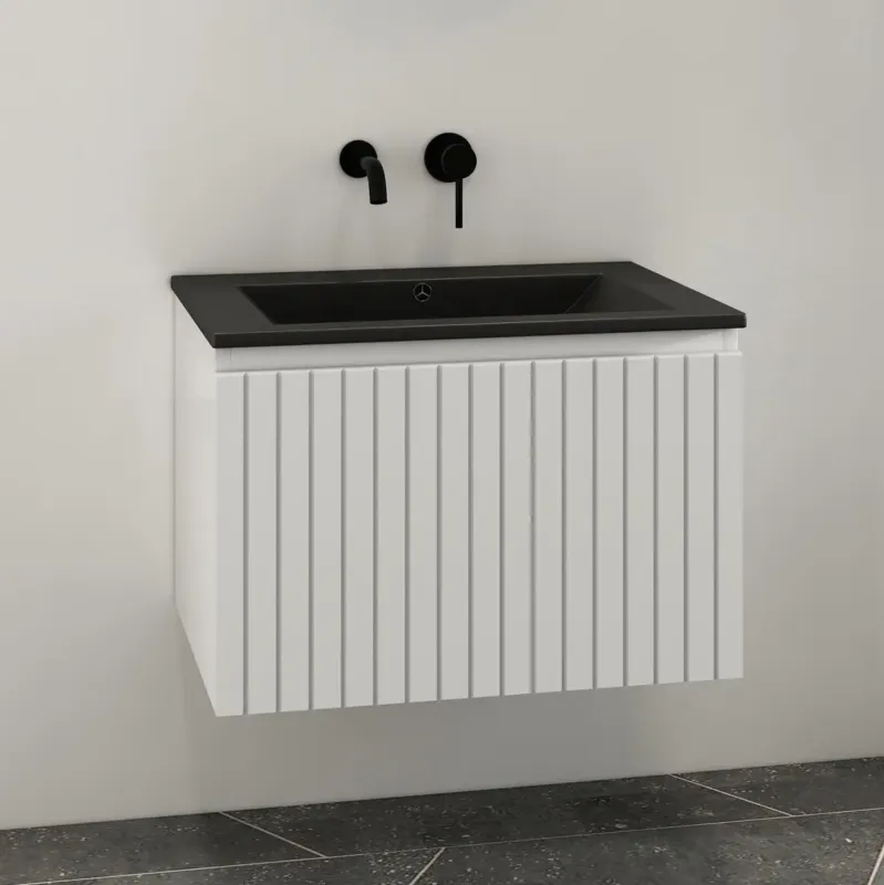 Fontana Lento wit badkamermeubel ribbelfront met zwarte wastafel 60cm zonder kraangat Finale Uitverkoop