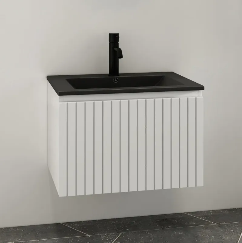 Fontana Lento wit badkamermeubel ribbelfront met zwarte wastafel 60cm 1 kraangat Speciale Aanbieding