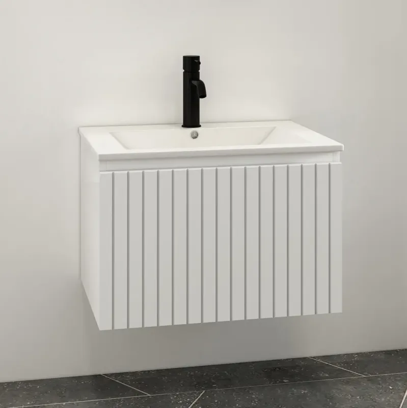 Fontana Lento wit badkamermeubel ribbelfront met witte wastafel 60cm 1 kraangat Favoriet