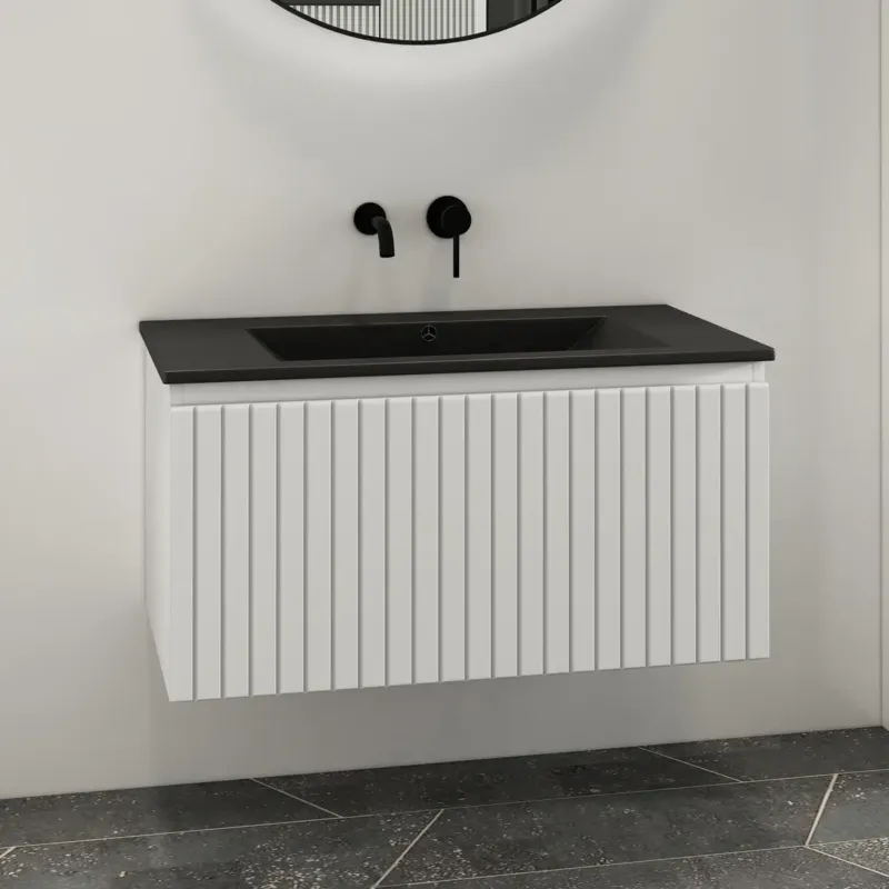 Nu Kopen Fontana Lento wit badkamermeubel ribbelfront met zwarte wastafel 80cm zonder kraangat