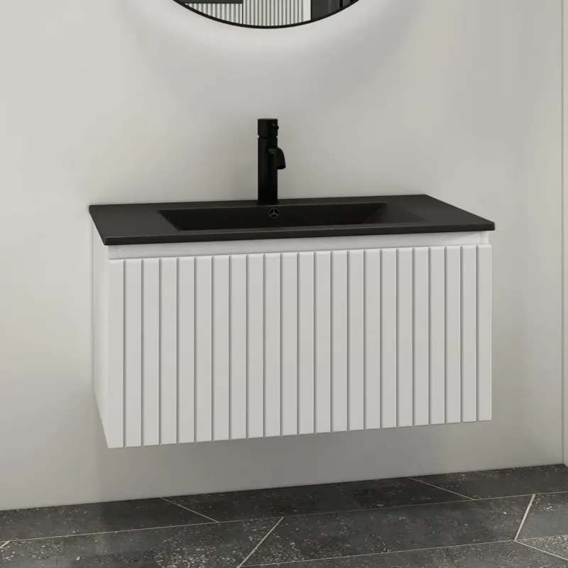 Fontana Lento wit badkamermeubel ribbelfront met zwarte wastafel 80cm 1 kraangat Fabrieksprijs