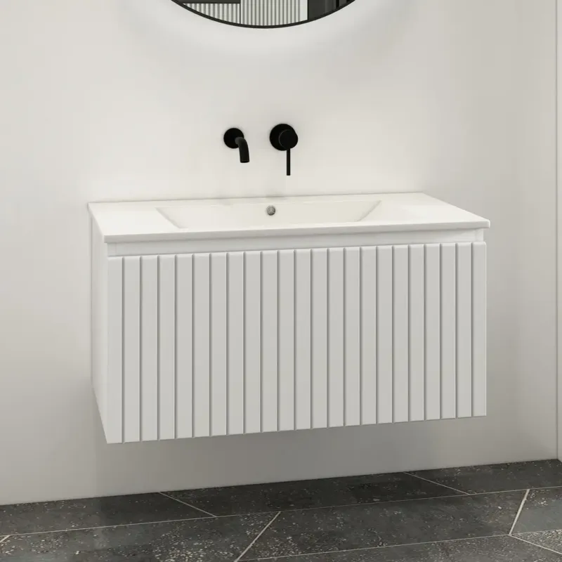 Betaalbaar Fontana Lento wit badkamermeubel ribbelfront met witte wastafel 80cm zonder kraangat