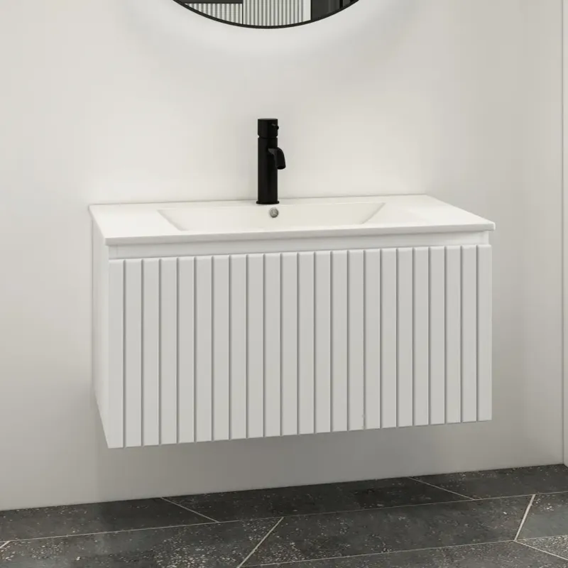 Hete Deal Fontana Lento wit badkamermeubel ribbelfront met witte wastafel 80cm 1 kraangat