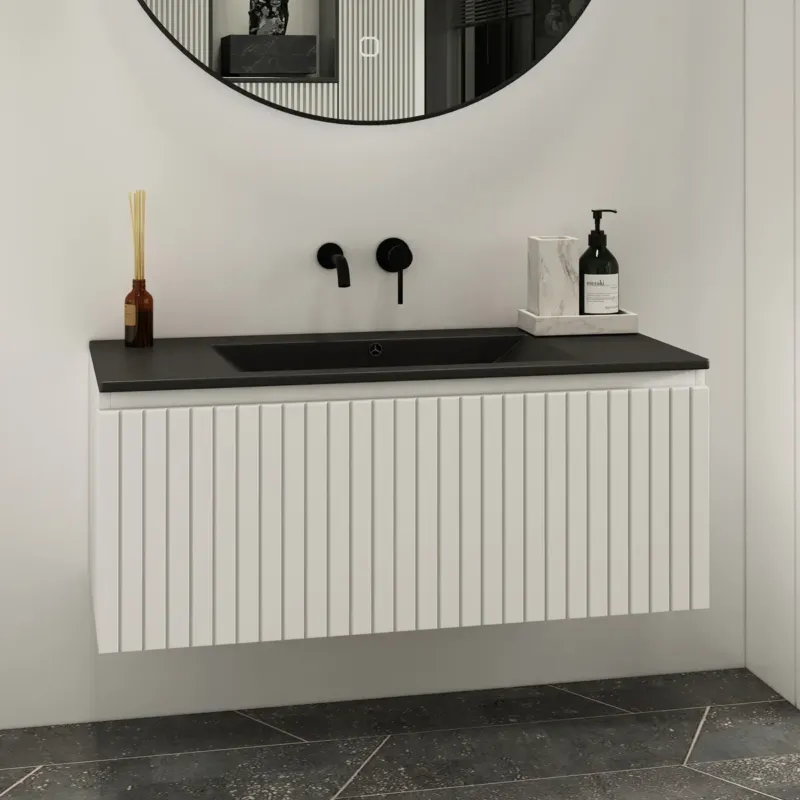 Fontana Lento wit badkamermeubel ribbelfront met zwarte wastafel 100cm zonder kraangat Merkproduct
