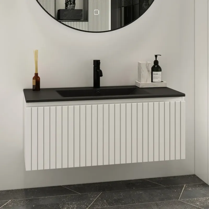 Fontana Lento wit badkamermeubel ribbelfront met zwarte wastafel 100cm 1 kraangat Actieprijs