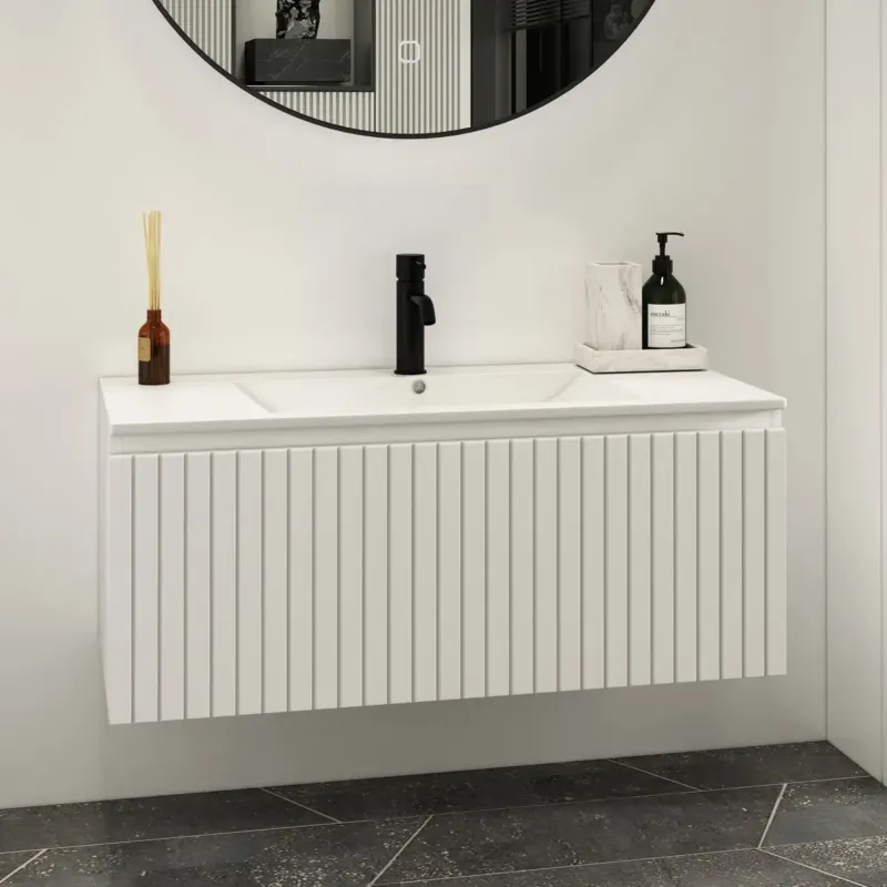 Fontana Lento wit badkamermeubel ribbelfront met witte wastafel 100cm 1 kraangat Nieuw