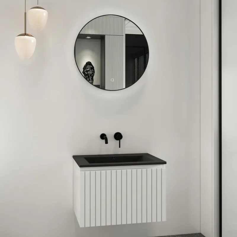 Nu Kopen Fontana Lento wit badkamermeubel ribbelfront met zwarte wastafel 60cm zonder kraangat en ronde spiegel