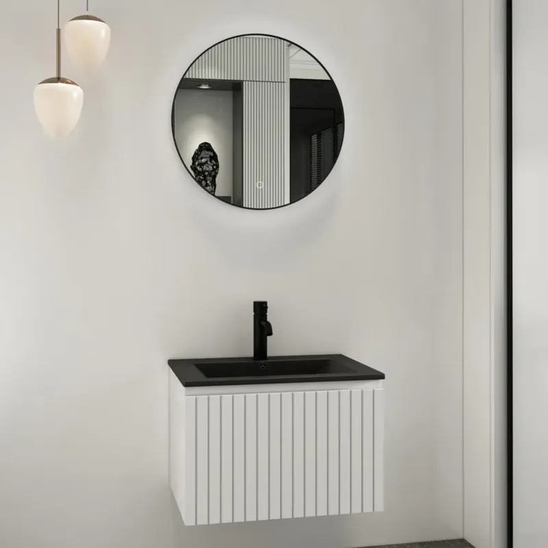 Fontana Lento wit badkamermeubel ribbelfront met zwarte wastafel 60cm 1 kraangat en ronde spiegel Snelle Levering