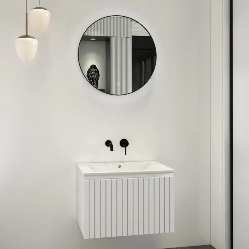 Speciale Aanbieding Fontana Lento wit badkamermeubel ribbelfront met witte wastafel 60cm zonder kraangat en ronde spiegel