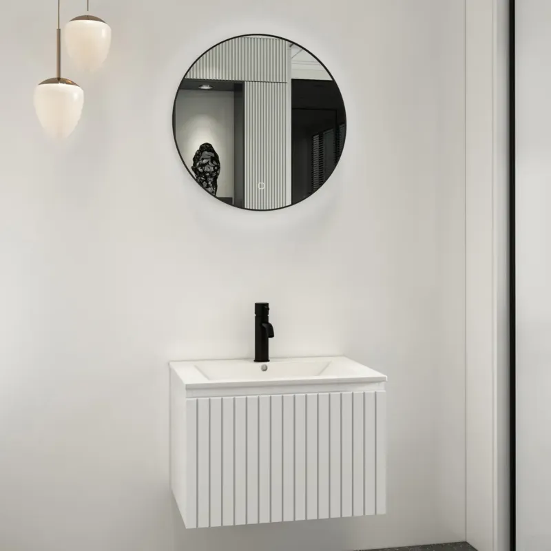Fontana Lento wit badkamermeubel ribbelfront met witte wastafel 60cm 1 kraangat en ronde spiegel Speciale Aanbieding